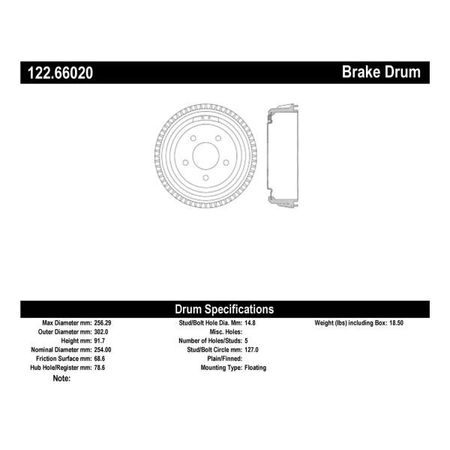 Centric Parts Premium Brake Drum, 122.66020 122.66020